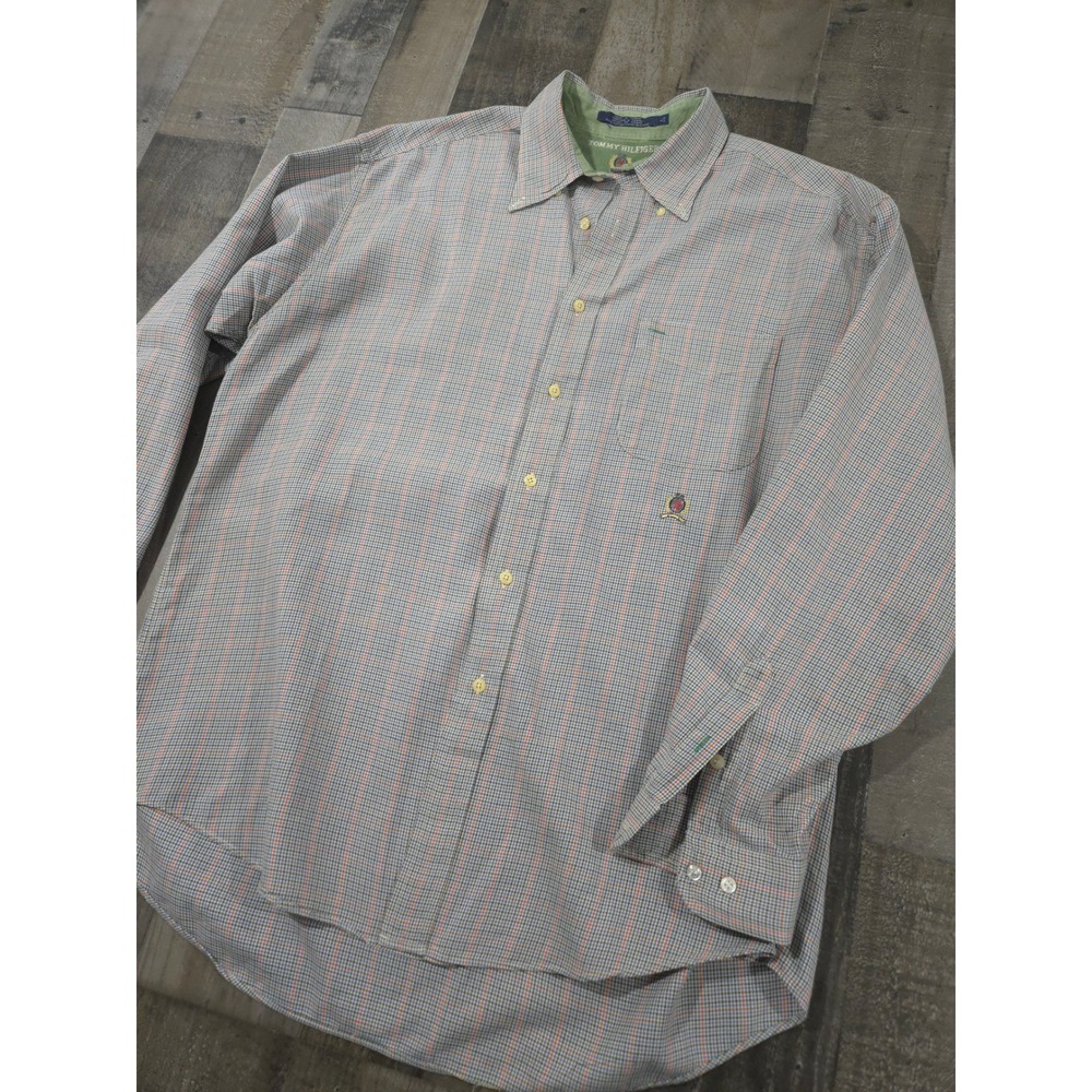Vtg 90s Tommy Hilfiger Embroidered Crest Glen Plaid Button Up Shirt Large